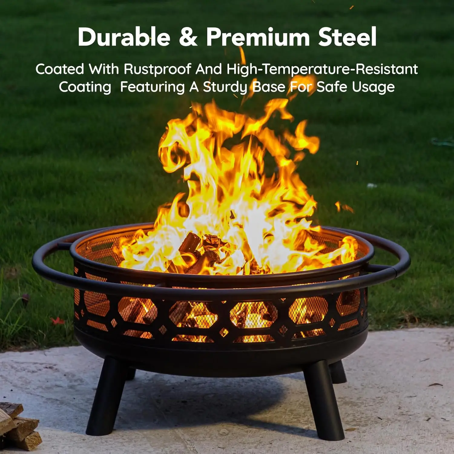 36 Inch Fire Pit, Outdoor Wood Burning Firepit with Removable Grill & Poker, Heavy Duty Metal Round Fireplace