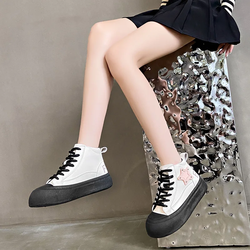 2024 Spring Lace Up Sneakers Women Thick Sole High Top Sports Shoes Lady Fashion Korean Version Lightweight Elevated Casual Shoe