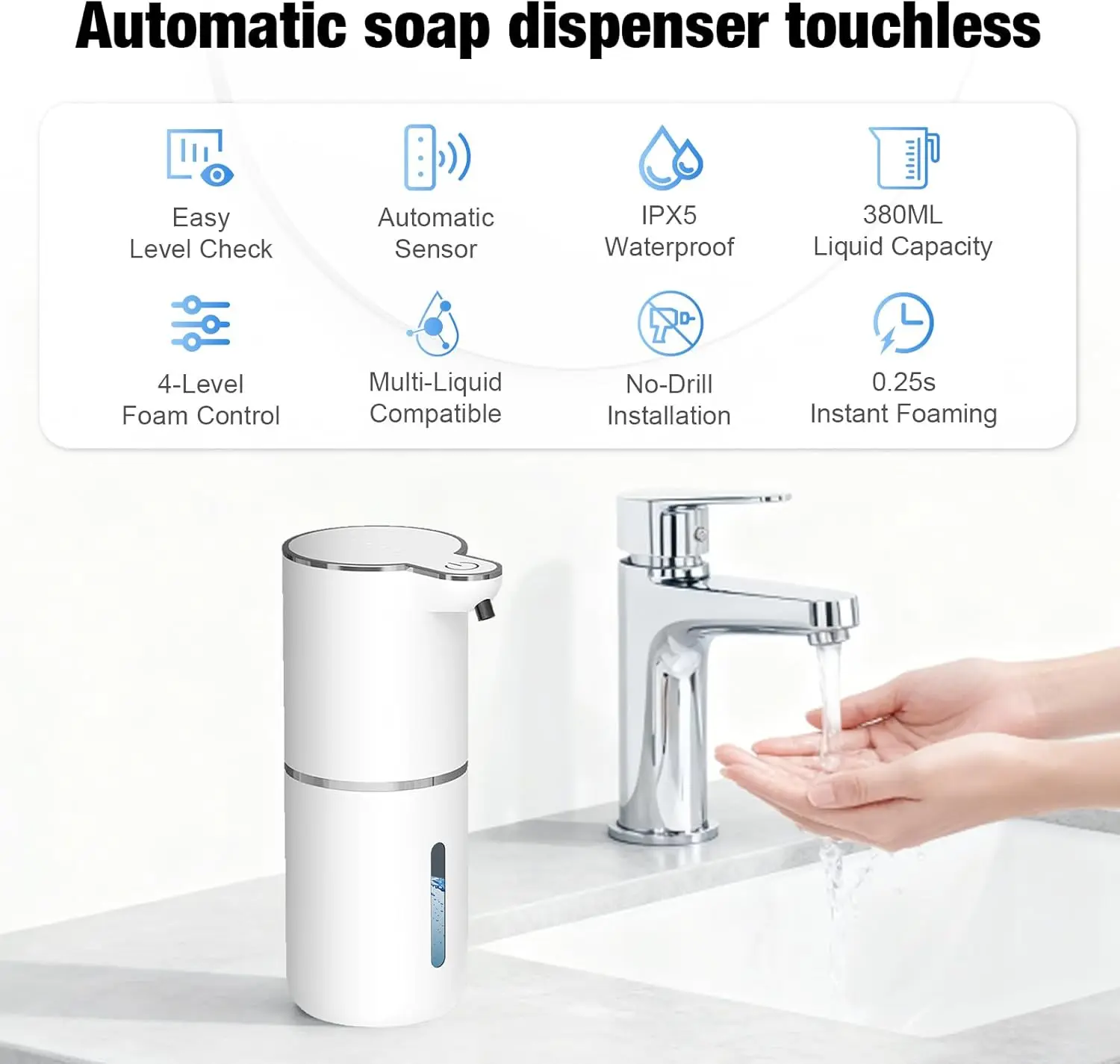 

380ML P18D Touchless Countertop Or Wall-Mounted IPX5 Waterproof 4-Gears Adjustable Control Automatic Smart Sensor Soap Dispenser