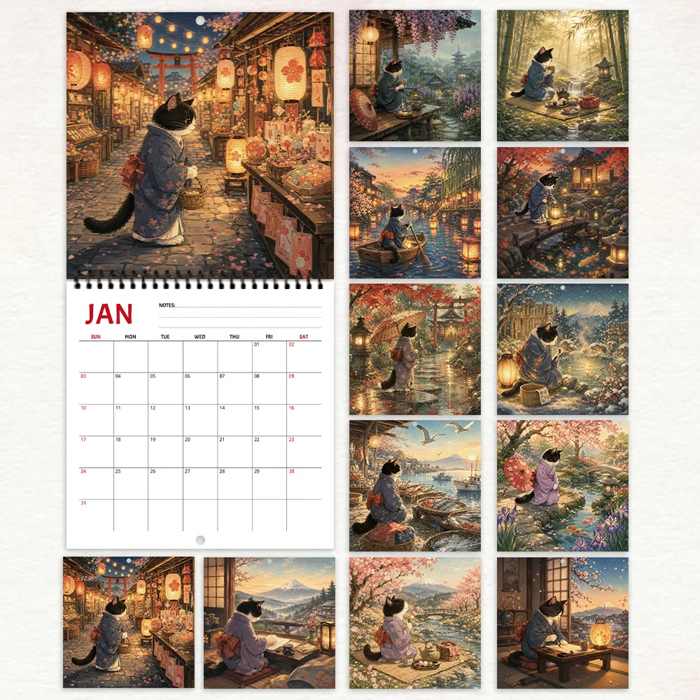 1pc, 2027 Wall Calendar, Ukiyo-e Black Cat Art, 12 Month Planner for Home Office Decor, Christmas New Year Gift with Stickers