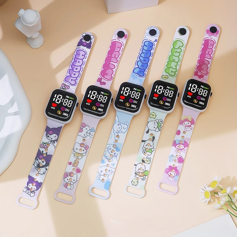 Hello Kitty Mädchenuhr Sanrio Kinderuhren Jungen Neuer Stil Cartoon Gedruckt LED Digital Armbanduhr Modische quadratische Armbanduhr