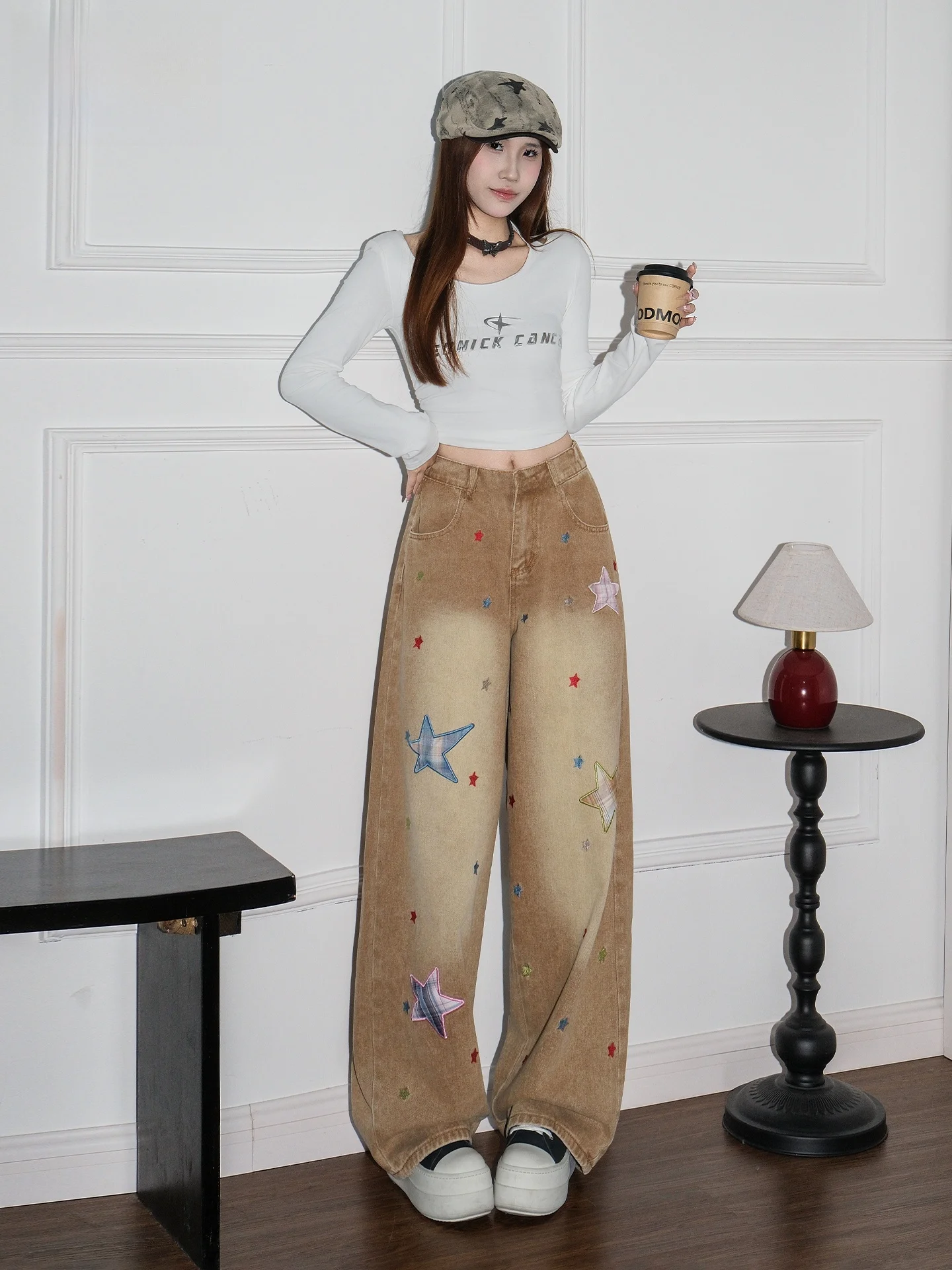 

Американские джинсы с высокой талией и широкими штанинами, женские летние новые свободные прямые брюки в пол с вышивкой звездами, повседневные джинсы