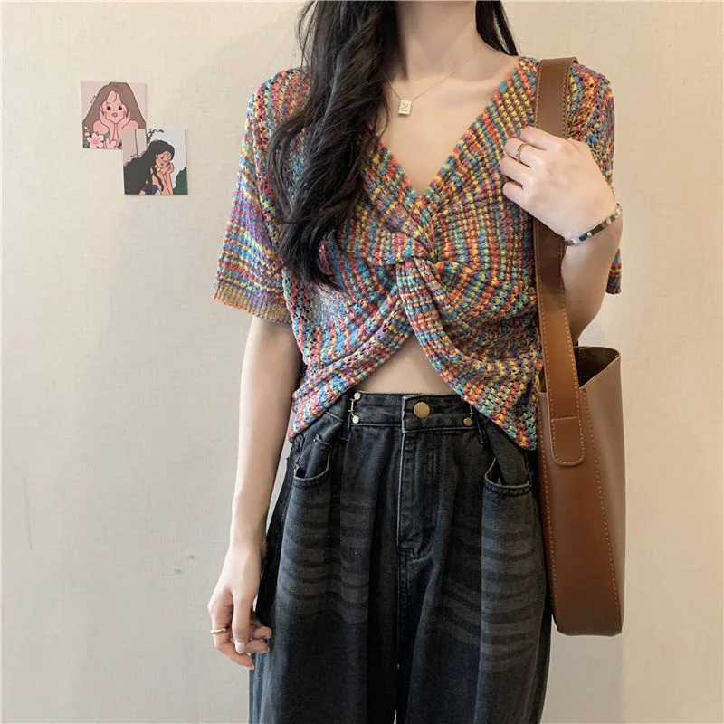 

Summer Design V-neck Knitted Women's Loose Short Sleeve Top Fashion Blusas Clothes for Women Tops Shirts Blouses