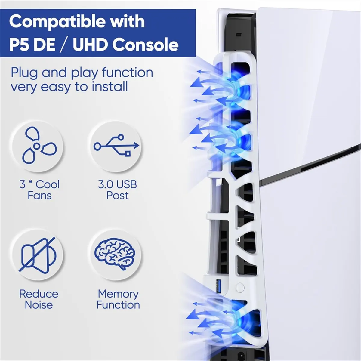 A72Z Cooling Fan for Slim Console, Quiet Cooling System with Memory Function and LED Light, Cooler Accessories -White