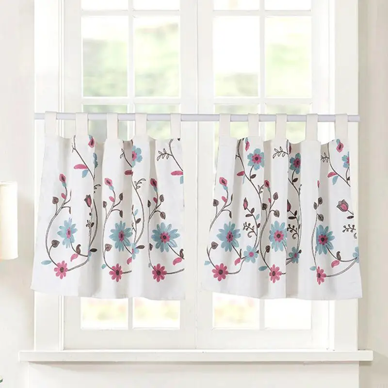 KX4B Cenefa bolsillo para barra cortina ventana corta con bordado Floral coreano para cocina