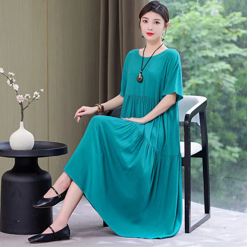 XL-6XL Loose Middle Aged Mother Cotton Rayon Dress For Summer Sleepwear Nightgowns Women New Plus Size Nightshirt Female