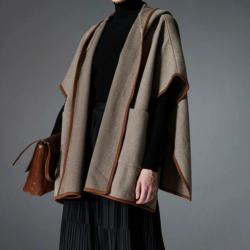 Mid-tot-high-end Europese en Amerikaanse herfst en winter nieuwe dubbelzijdige wollen visgraatpatroon sjaal met capuchon-GZXX740