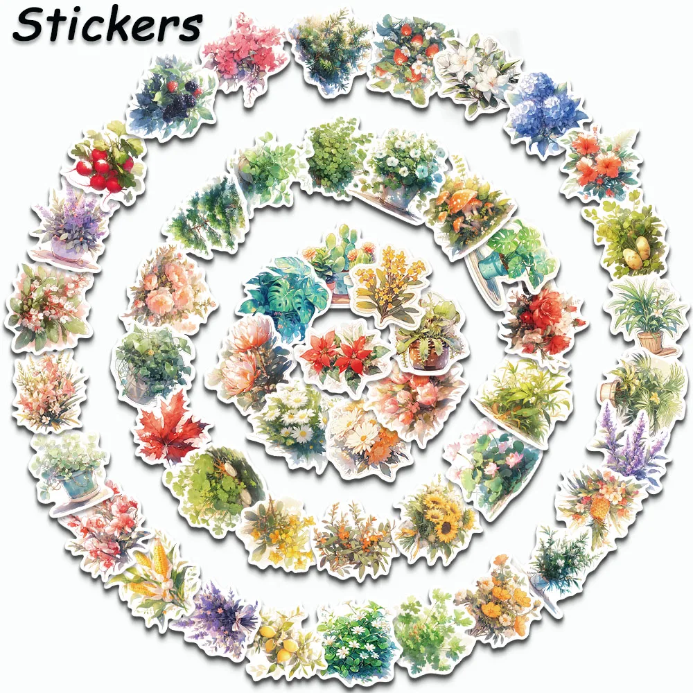 50PCS Watercolor Style Stickers Cartoon Potted Plant Decals For Phone Case Laptop Refrigerator Luggage Skateboard DIY Stickers