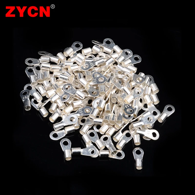 100PCS Cable Wire Connector Crimp OT2.5-3 2.5-6 4-5 Non-Insulated Ring O-Type Tin-Plated Brass Terminals Assortment Cold Pressed