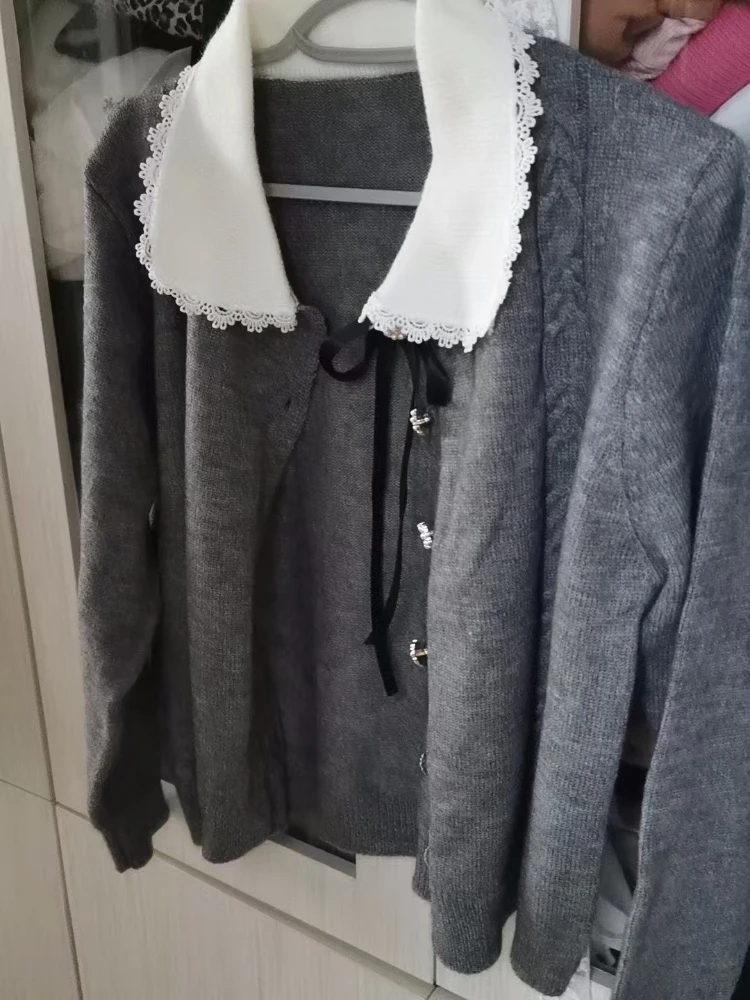 French Elegant Coquette Thin Twist Knit Cardigan Women Lace Peter Pan Collar Bow Slim Fit Long Sleeve Casual Daily Outfit 2026