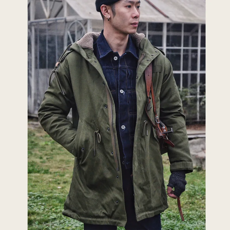 Sw071 American Style  Green Vintage Jackets For Man Fleece Warm Cotton Mid Length Casual Loose Hooded Male Coat Windbreaker