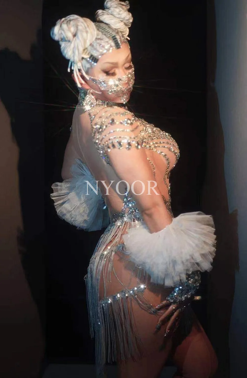 Fringed Rhinestone Gloves Zipper Mesh Dance Show Short Skirt Evening Dress Ball Robes Bal De Promo Robes De Soirée Haute Qualité