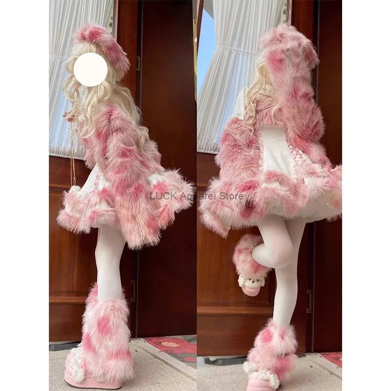 Süßes Mädchen süßes rosa Lolita Cosplay Kostüm vielseitiger Mantel Plüsch Kunstpelz JSK Lolita Set Winter süßes Kuchenkleid