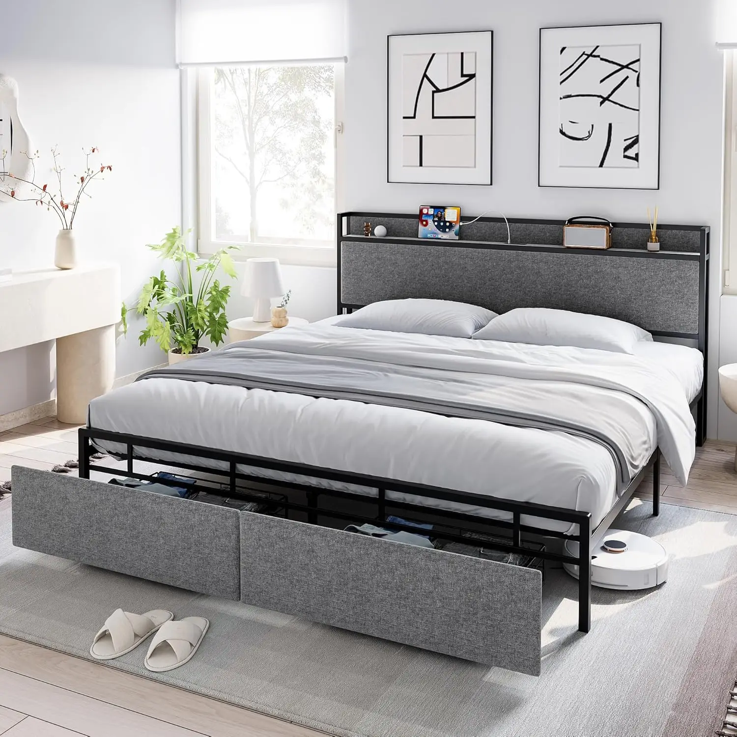 

Bed Frame with Storage Headboard and Charging Station,Lined Upholstery Platform Bed with 2 Drawers,No Box Spring Need,Noise Free