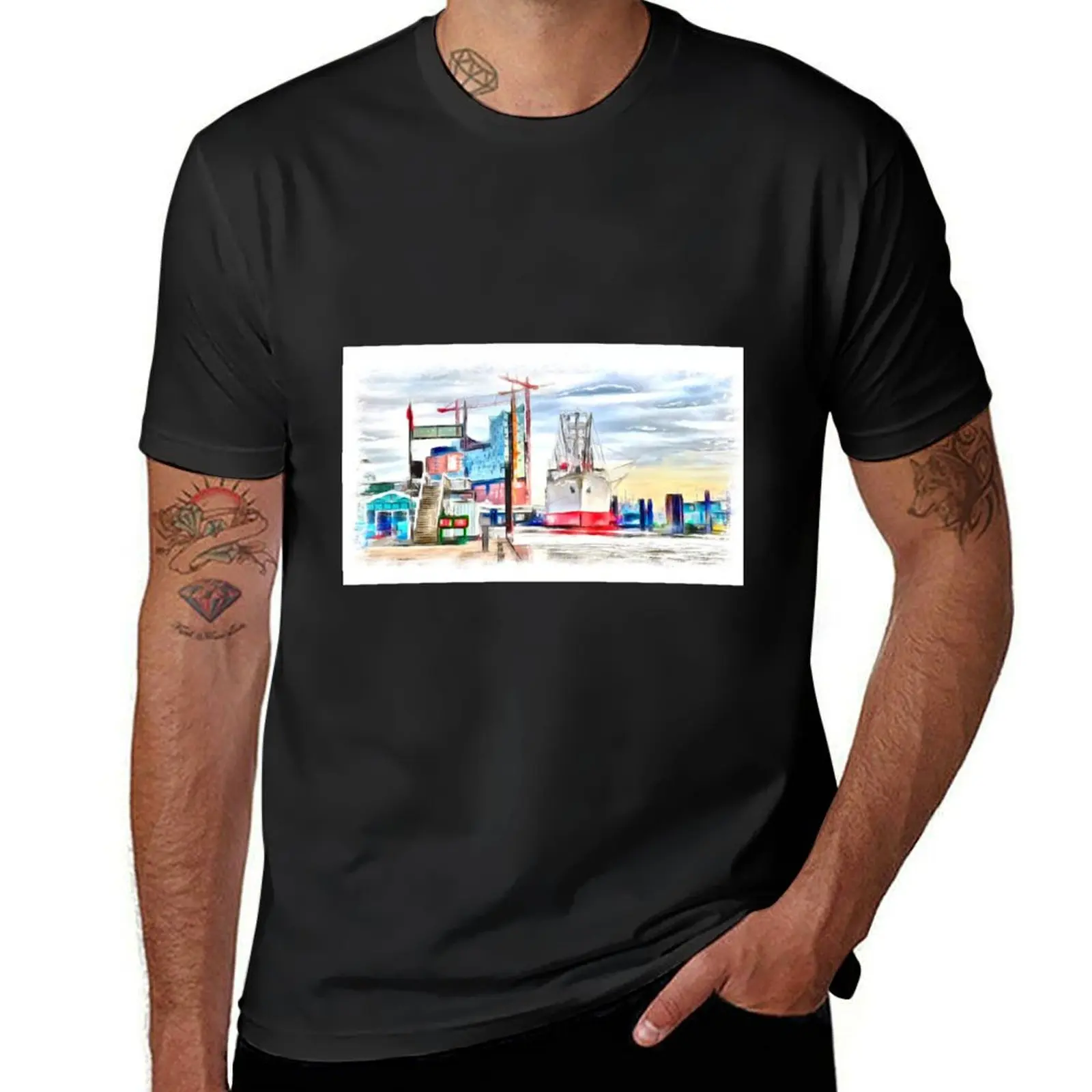 Hamburg Port (Painting) T-Shirt Blouse oversizeds vintage clothes Men's cotton t-shirt