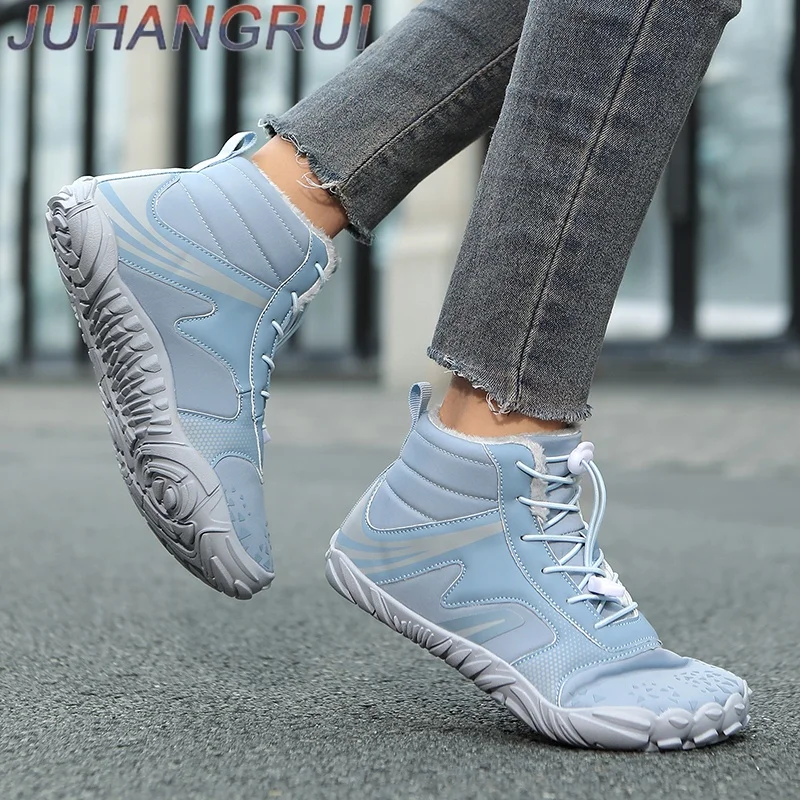 Winter Womens And Mens Barefoot Snow Boots Plush Warm Ankle Boots Non-slip Outdoor Waterproof Hiking Shoes Walking Cotton Shoes