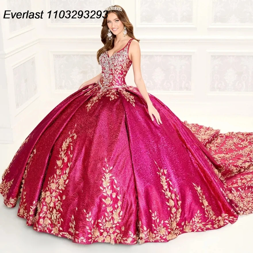 EVLAST Shiny fucsia Quinceanera Dress Ball Gown Gold Lace Applique Beading Crystal con Cape Sweet 16 Vestido 15 De aecos TQD216