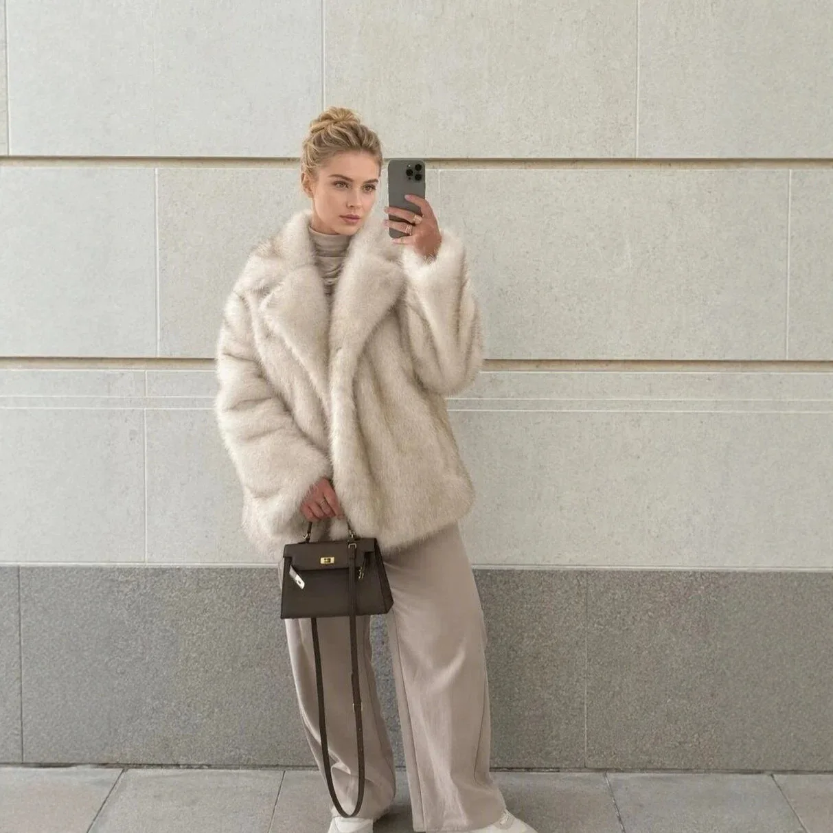 Winter Fur Coat Women Suit Collar White Medium Long Luxury Fox Fur Overcoat High Quality Fury Plush Jacket