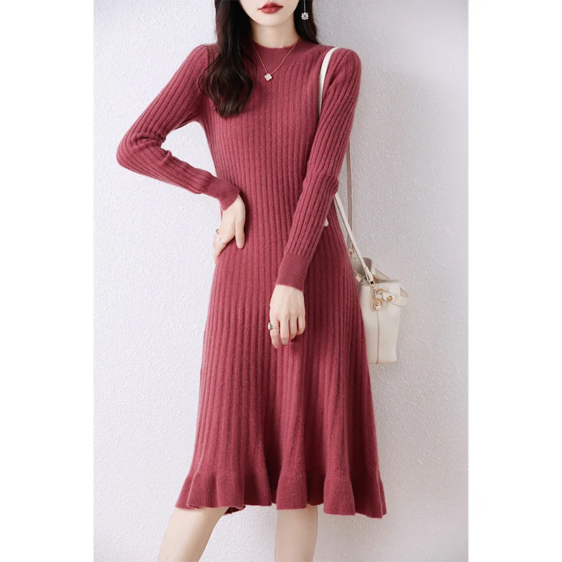 

2023 Winter O-neck Female Dresses For Women 100% Wool Knitted Dress For Women 2023 Hot Sale Long Style 6Colors Jumpers DR01