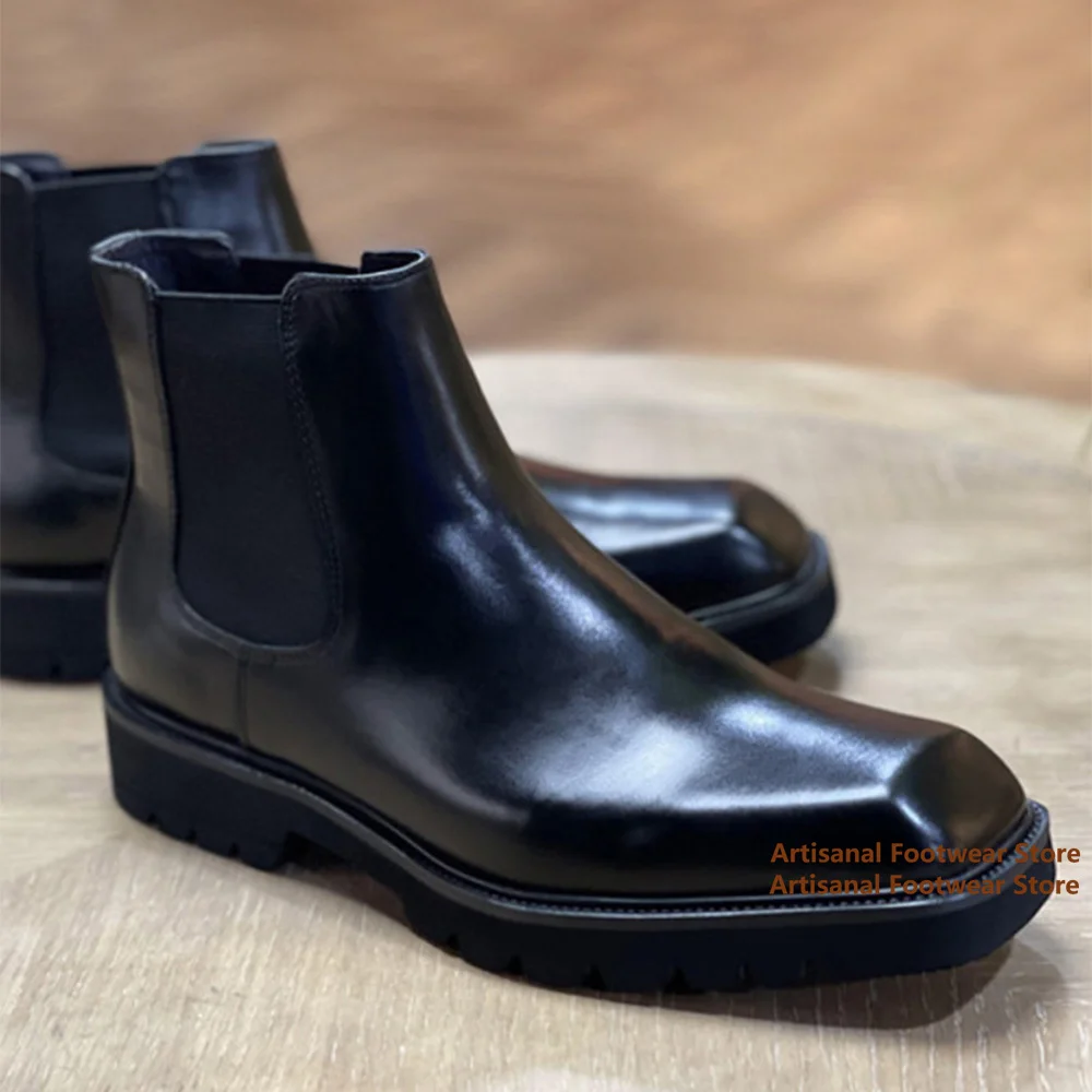 

Square Toe Chelsea Boots Men's Black Leather Thick Soled Booties Boots Designer Style Luxury Designer Handmade Men Shoes Botas