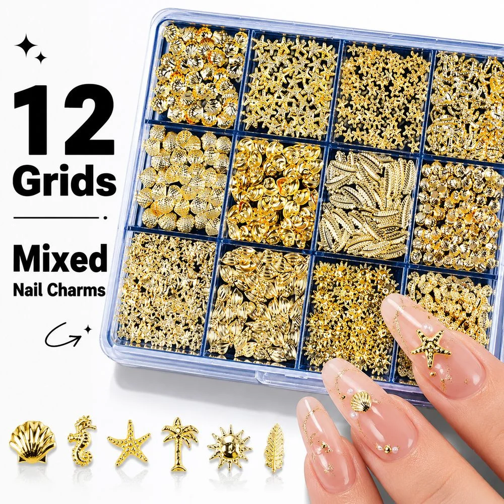 12Grids Assorted Gold Ocean Nail Charms Mixed Shell Starfish Conch Palm 3D Metal Nail Rivets Ornament Kit With Tweezers For DIY
