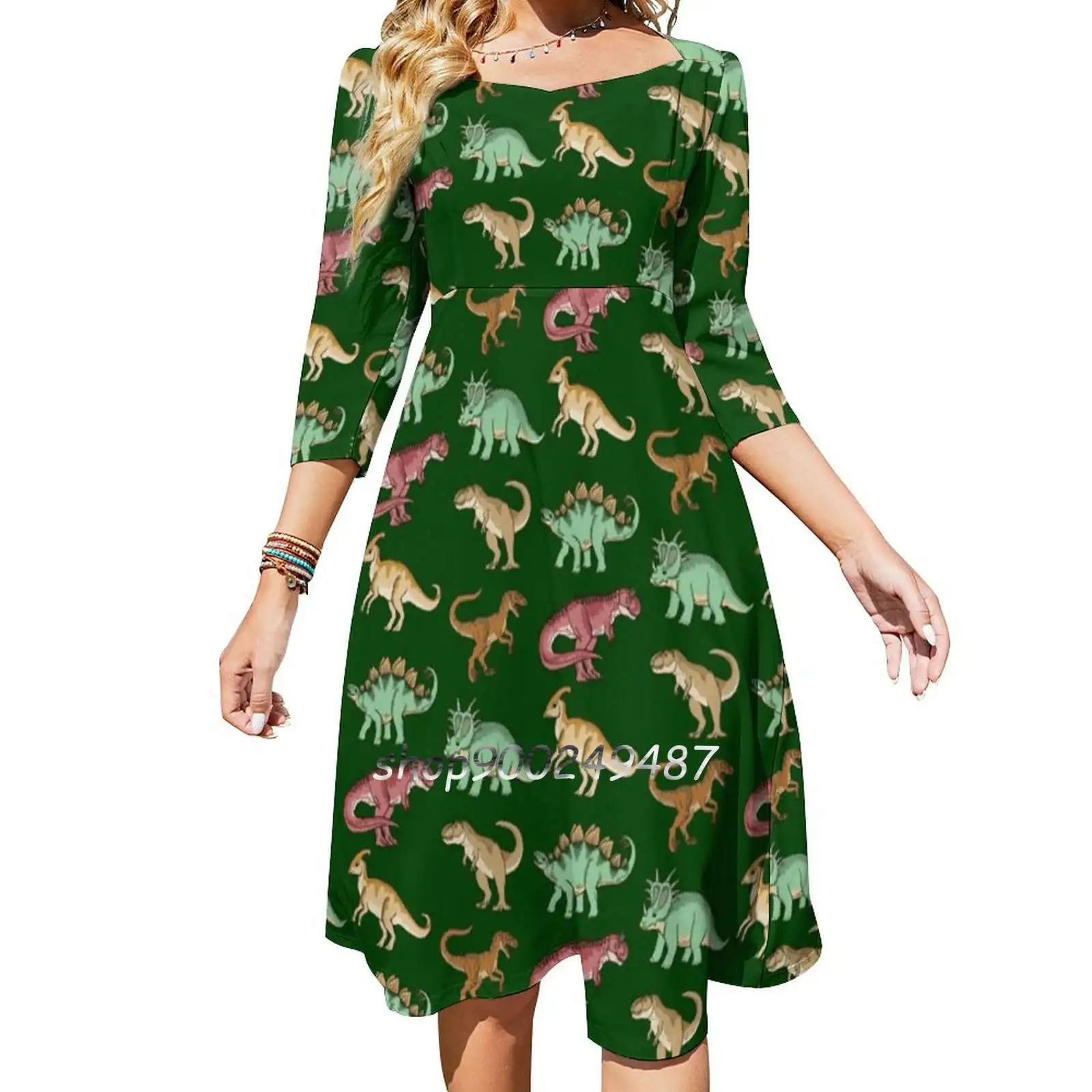 Dinosaurs! Sweetheart Knot Flared Dress Fashion Design Large Size Loose Dress Dinosaur Dinosaurs Dino Stegosaur T Rex