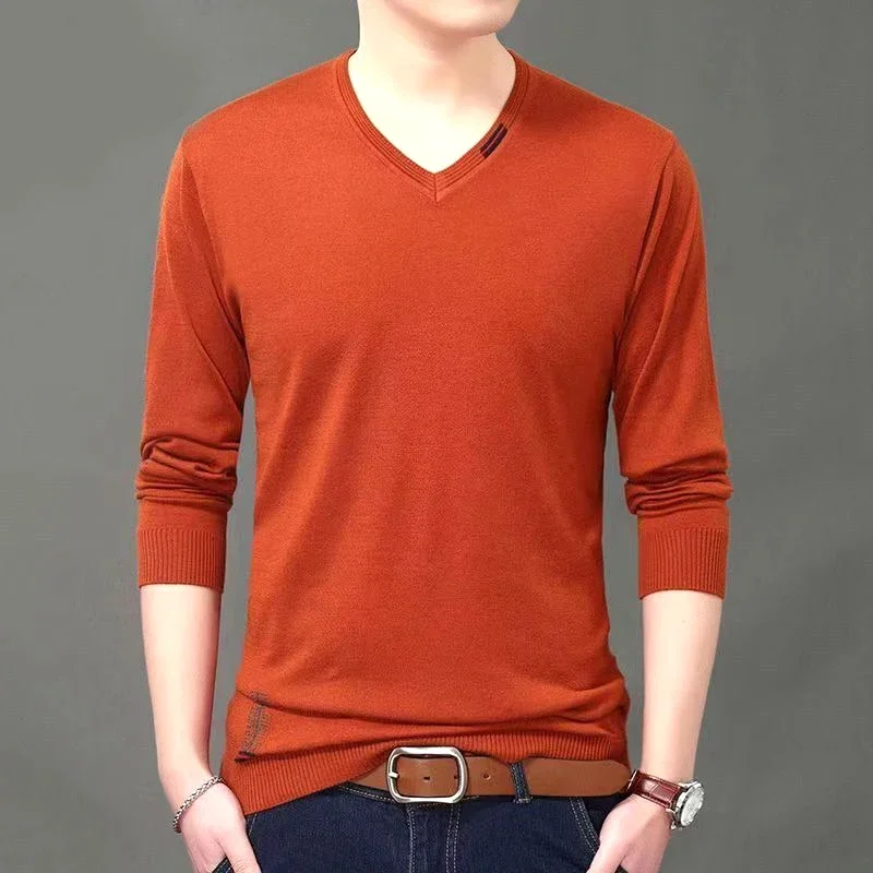 SpringandAutumn Men\'s V-neck Pullover Solid ColorBright Thread Decoration Casual Fashion Elegant Commuter Knitted Sweater Bottom