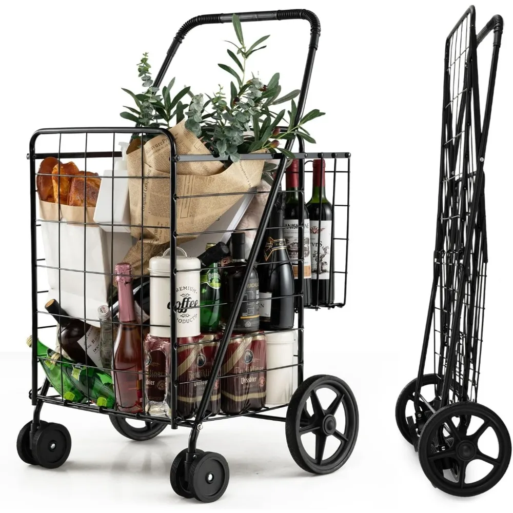 Flat Folding Shopping Cart, 130 LBS Heavy Duty Utility Cart W/ 360° Swivel Front Wheels, 24