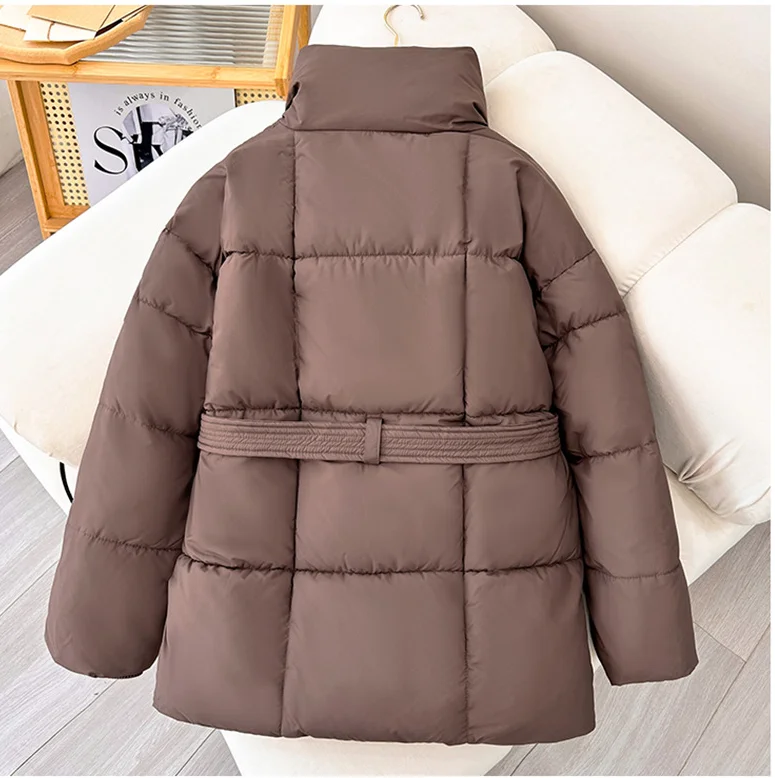 Advanced with Waist Cinching Tie Up Black Cotton Jacket Women's 2026 Winter New Korean Version Stand Collar Coat Female Parkas