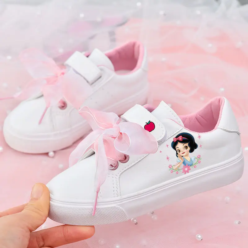 Disney Girls\' Casual Shoes Children\'s Sports Shoes Soft Soled Casual Snow White Shoes Flats PU Leather White Sneakers Size 23-36