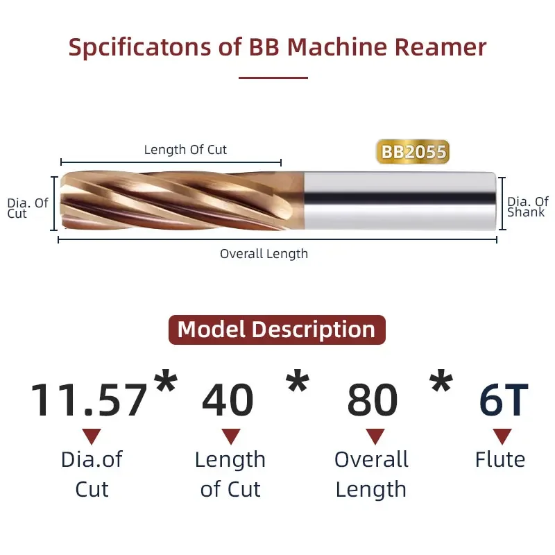 BB Machine Reamer Spiral Flute 11.57-17.07mm Solid Carbide Metal Cutter CNC for Metal Steel Tolerance Tool BB2055