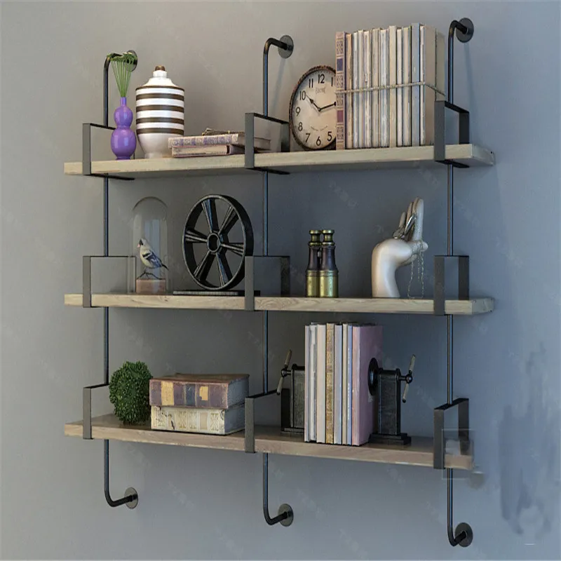 Simple retro solid wood wrought iron bookshelf creative wall laminate baffle shelf wall shelf shelf