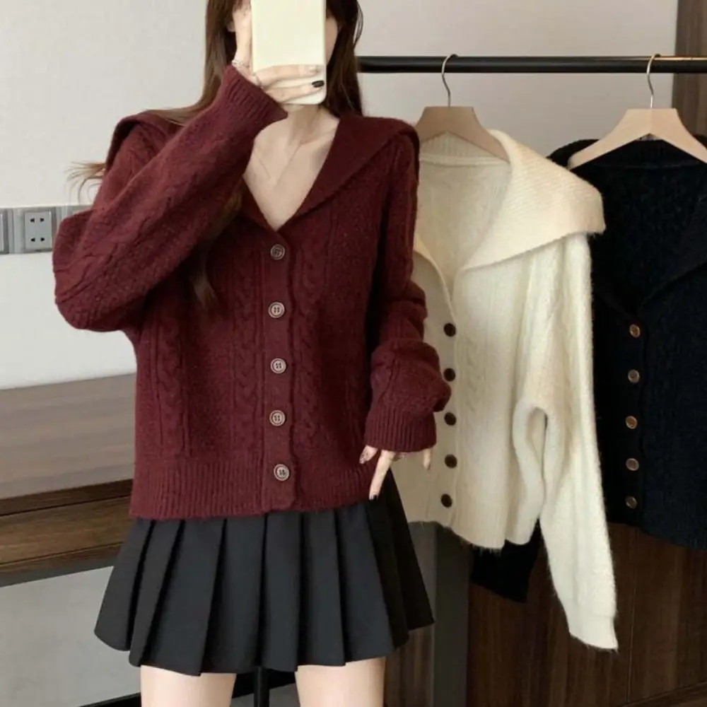 

Flip Collar Grid Crochet Sweater Long Sleeve Autumn Spring Fried Dough Twists Cardigan Preppy Style Ladies Tops Slim Crop Coats