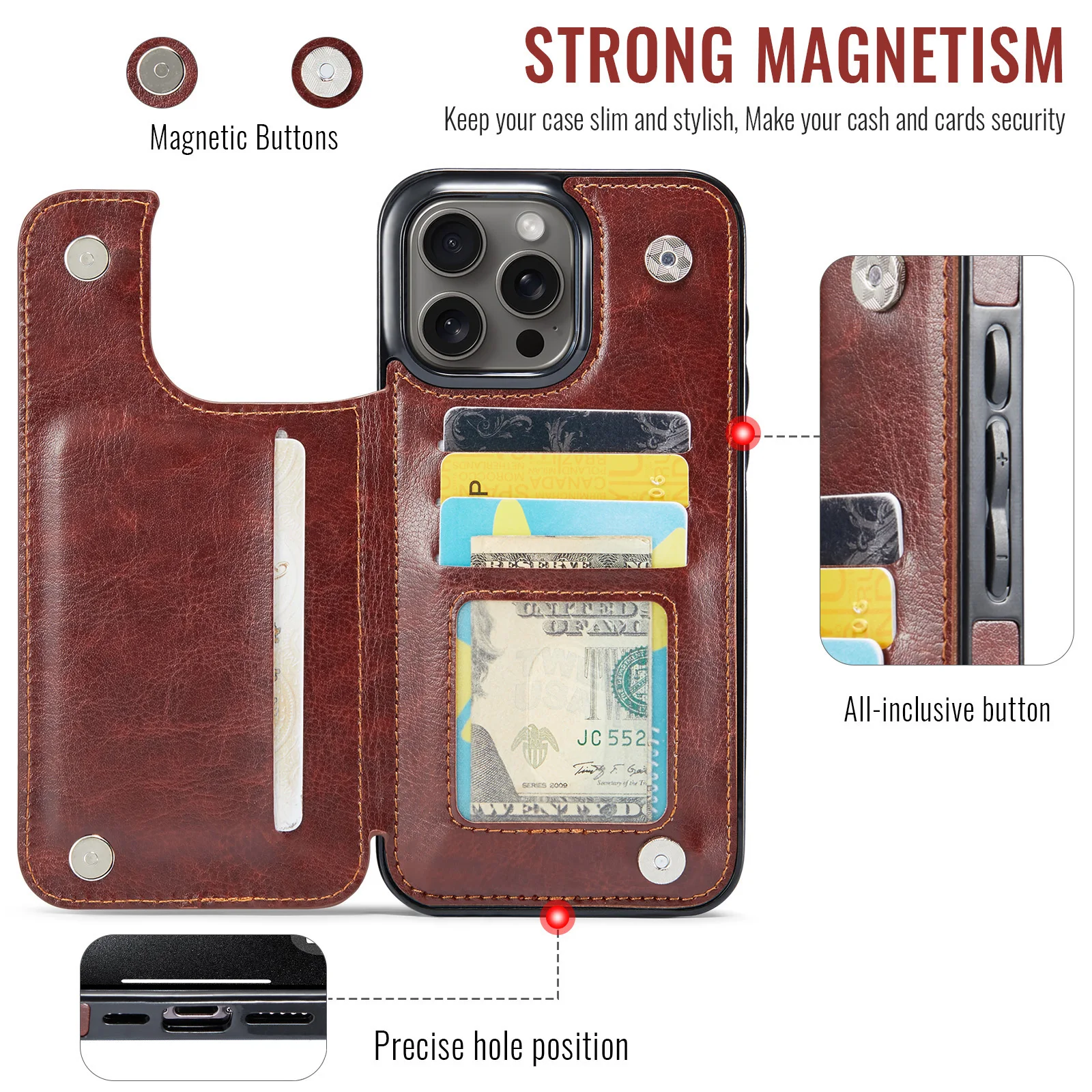 for iPhone 16 Pro Max 16 Plus 16 Wallet Case With Card Holder, PU Leather Kickstand Card Slots Case, Double Magnetic Clasp