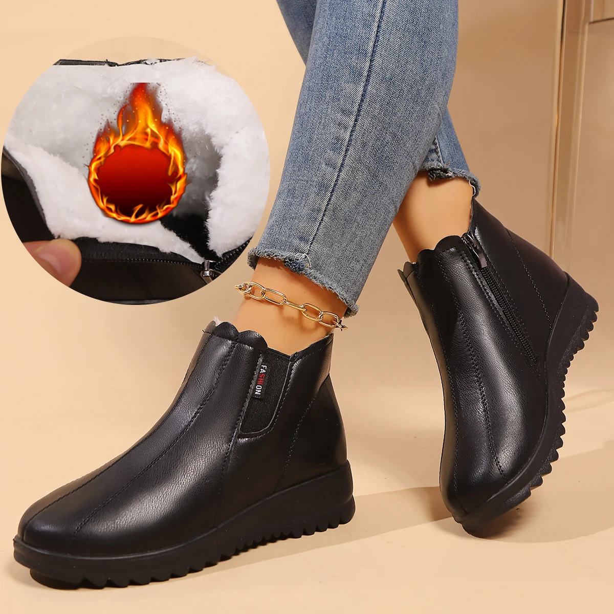 Ankle Boots de couro macio para mulheres, Plush Cotton Shoes, Inverno, Venda quente