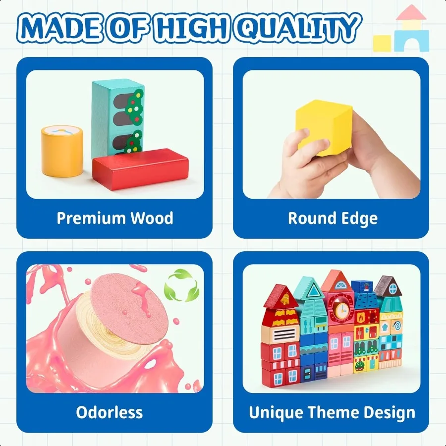 VigorFun 100 PCS Wooden Building Blocks Set City Builder Stacking Toy with Storage Bag Montori Preschool Toys for Toddlers Birt