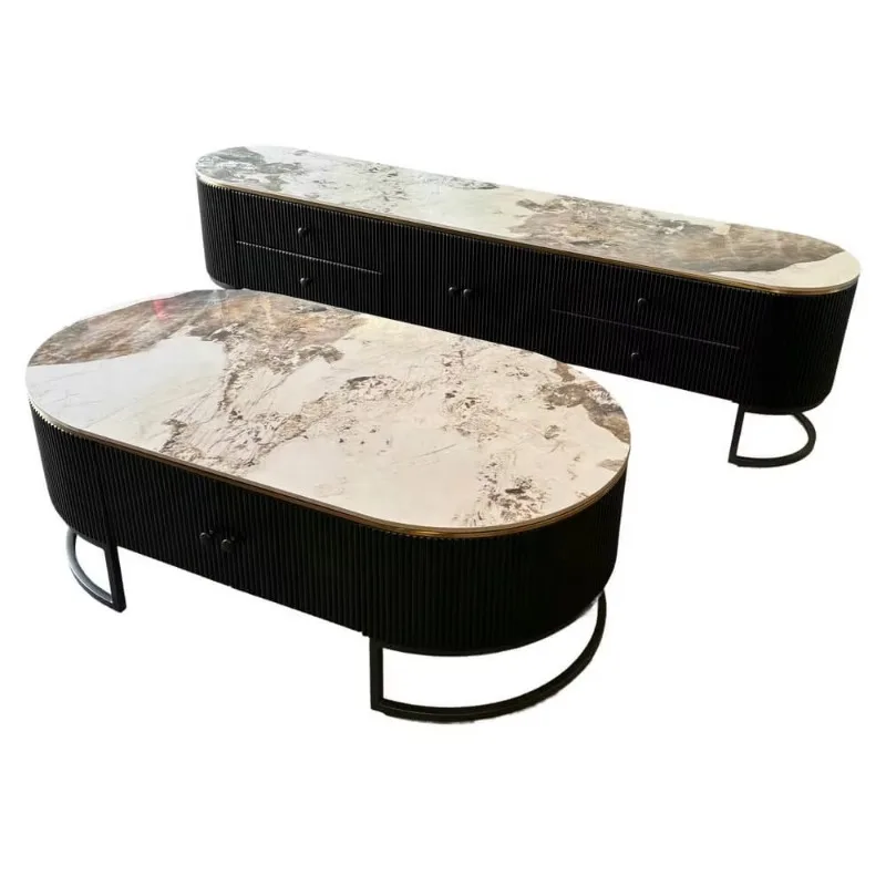 Modern Living Room Furniture Stone Top Black Fashion Coffee Table Wooden Storage TV Cabinet with Gold Stainless Steel