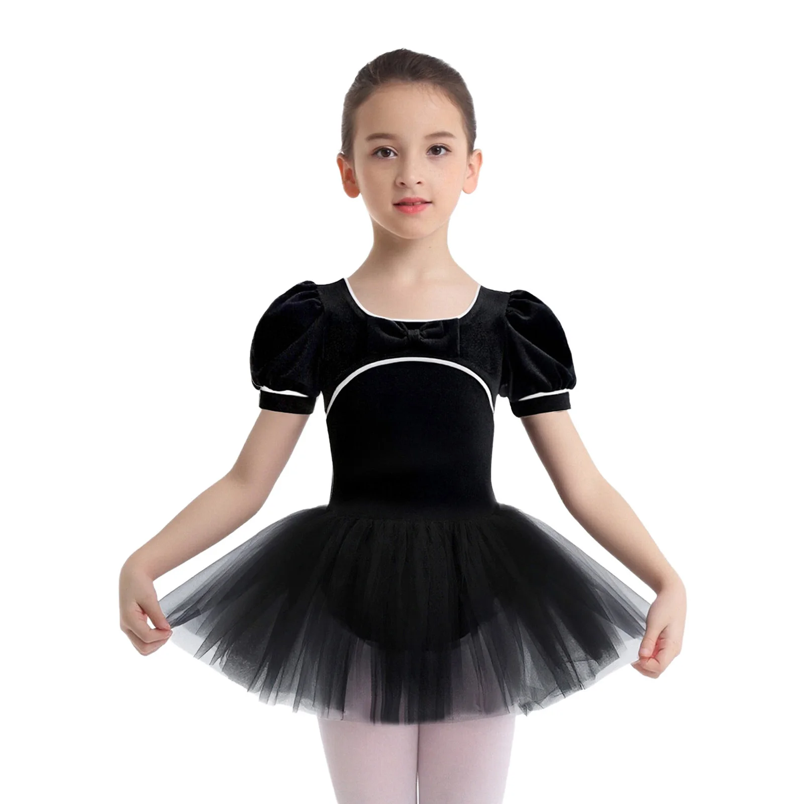 Robe Tutu de danse de Ballet pour filles, manches bouffantes, robes en Tulle de velours, patinage artistique, justaucorps de gymnastique, Costume d'entraînement de Yoga