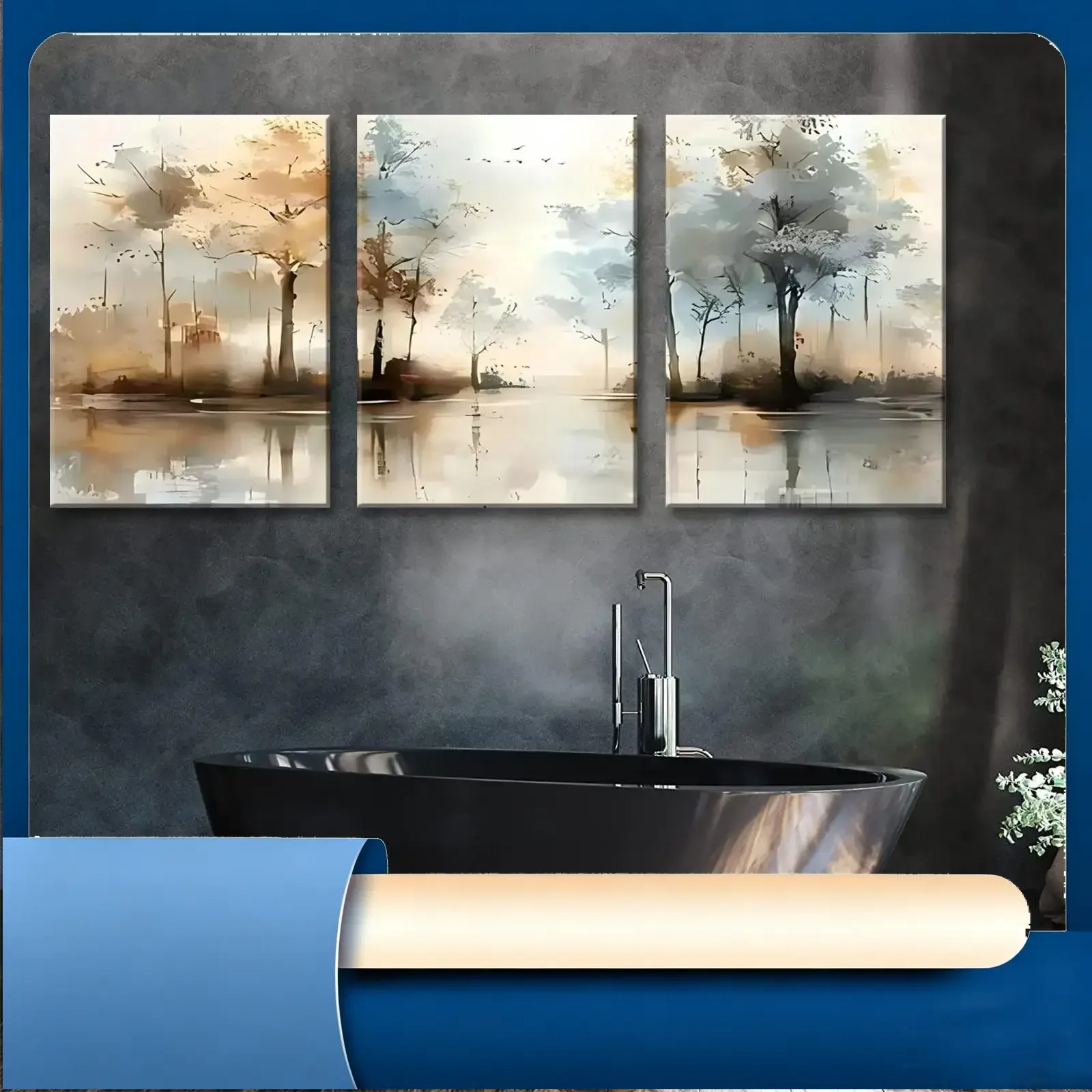 Frameless 3pcs trees, water, birds - Modern abstract wall decor, suitable for living room, office, cafe aesthetic wall decora