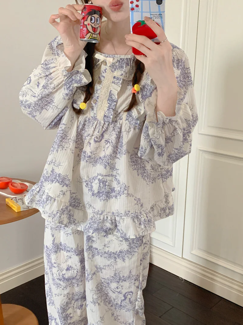 

ink painting autumn pajamas set women peter pan collar blouse + trousers home suit korean vintage harajuku ruffles cotton sweet