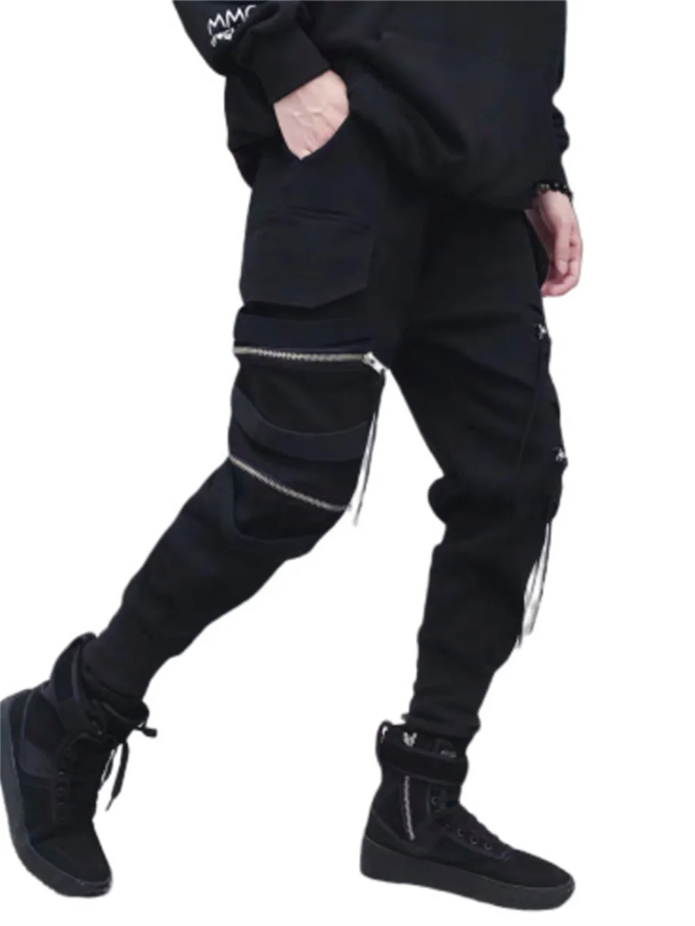 Harajuku Emo Black Cargo Pants Punk Pants Grunge Joggers Men Zipper Ribbon Jogging Techwear Autumn Korean Alt Clothes Male Jeans