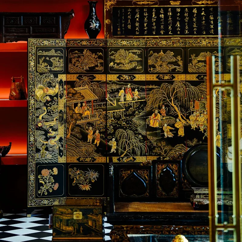 Chinese retro eight-fan living room partition broken screen, gold hand-painted ancient screen