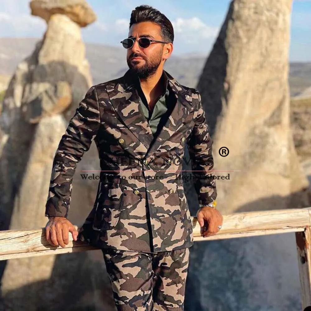 

Men Suits Camouflage Double Breasted Formal Business Wedding Causal Prom Tuxedos 2 Pieces Jacket Pants Customized Man Clothing