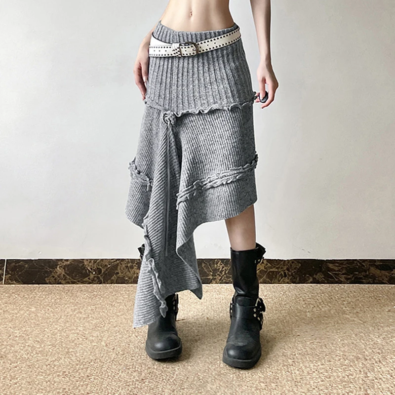 MEXZT Y2K 花ニットミディスカート女性ヴィンテージ原宿非対称スカート冬のセクシーなギャルグランジデザイン A ライン段段新