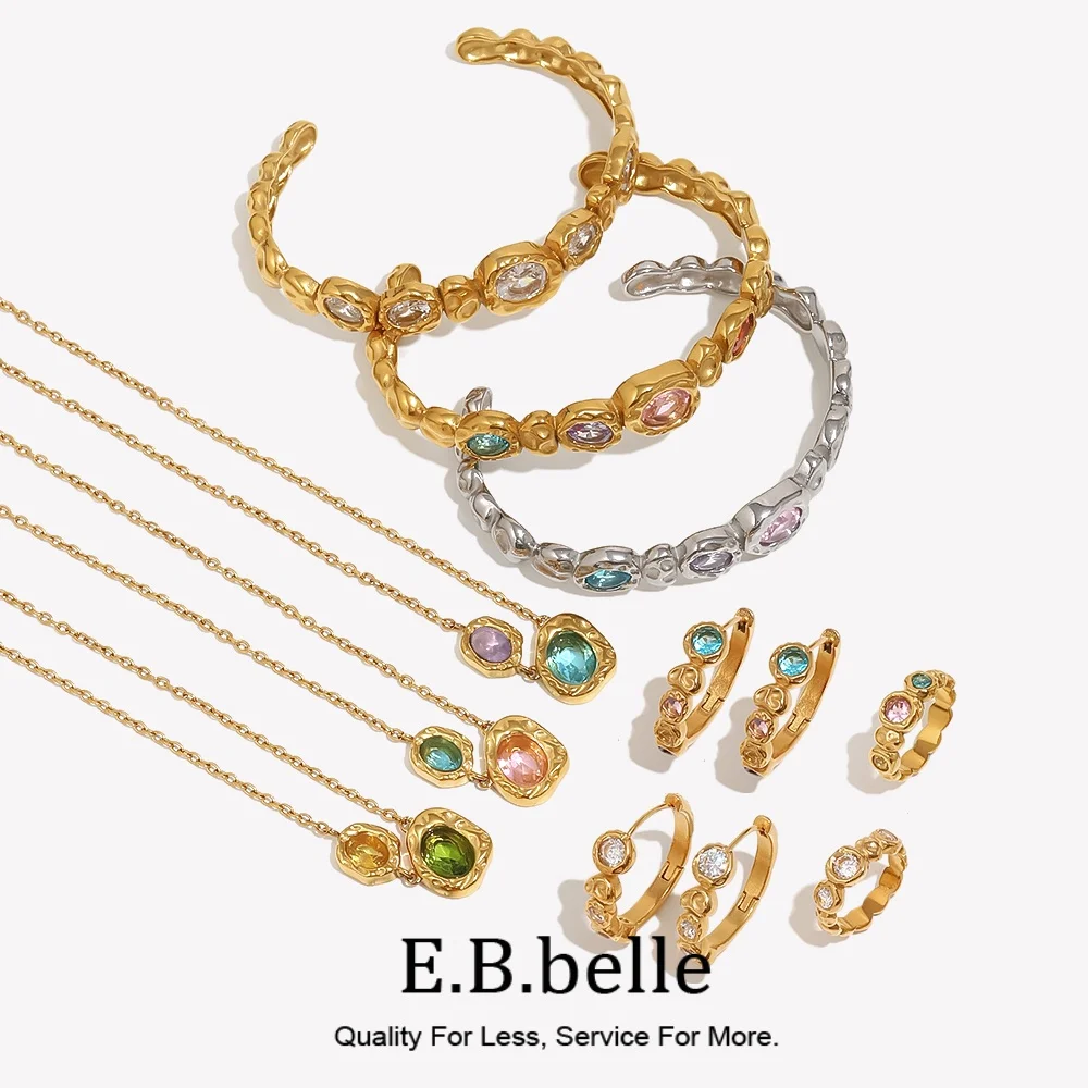 E.B.belle Molten Textured Multicolor Zircon Jewelry Set 18K Gold Plated Stainless Steel Irregular Jewelry Fashion Accessories