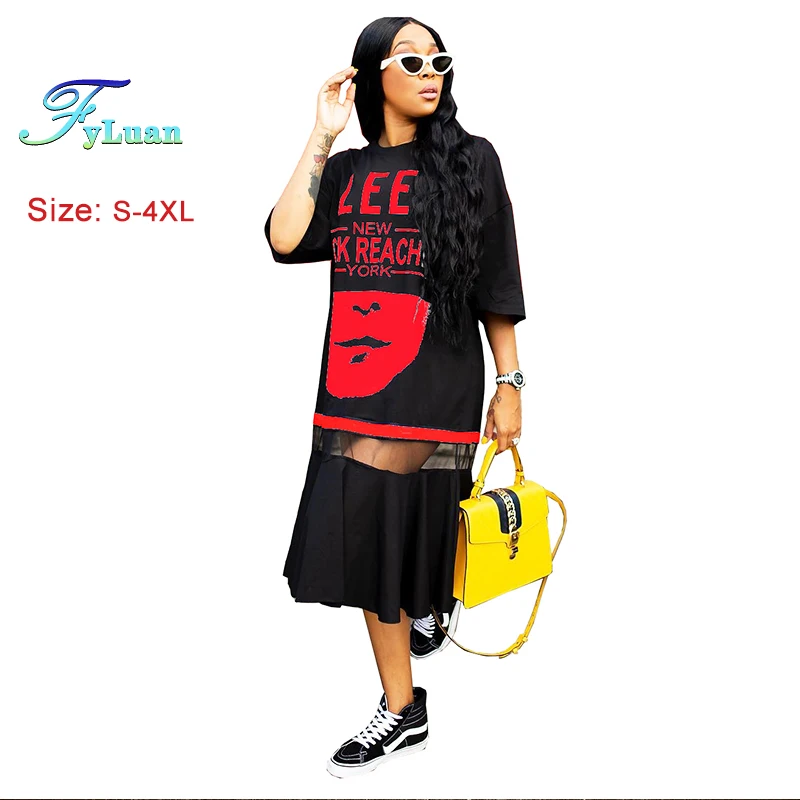 Zomer Nieuwe Grote Maat Vrouwen Jurk Brief Print Mesh Splicing Losse Dames Grote T-shirt Dagelijks Casual Reizen Half Mouw Lange Jurk