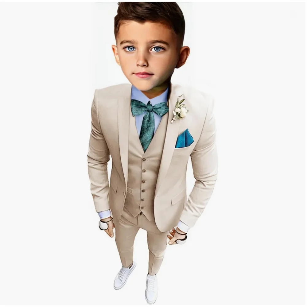 

Beige Boy's Suit Set Slim Fit Tuxedo 3 Pieces Clothes Boy Wedding Blazer Vest Pants Single Breasted Notched Collar Elegant Kids
