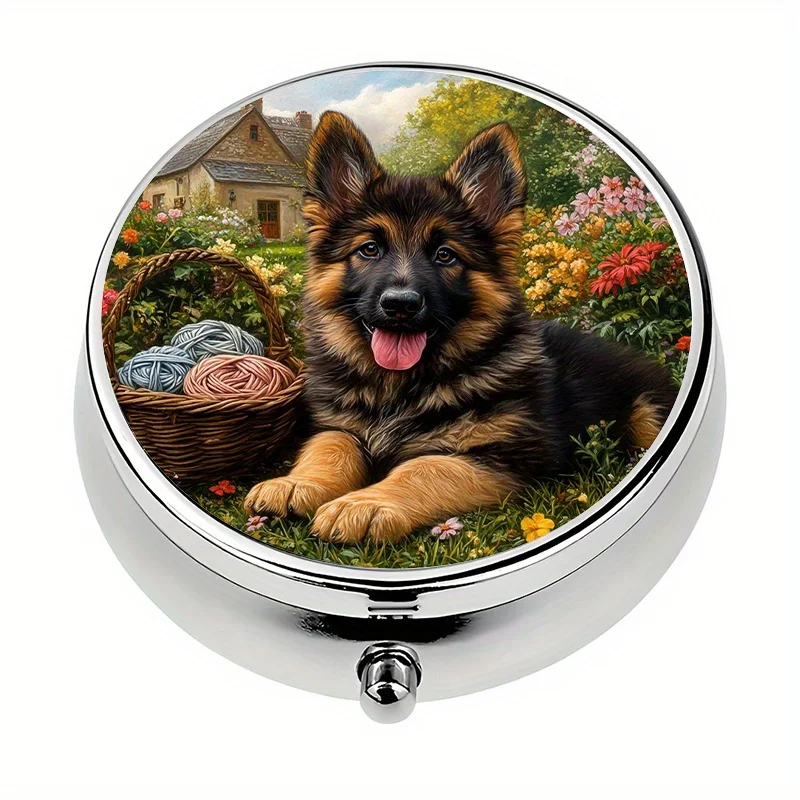 1 pill box with 3 compartments, German Shepherd puppy theme in the garden, decorative pill box, medicine pill organizer, pill storage box, unique travel gift