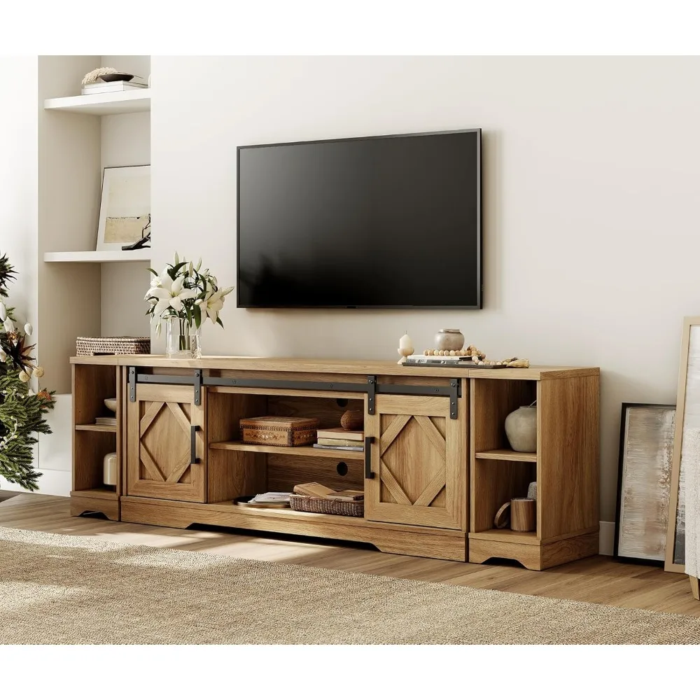 Farmhouse TV Stand 85in Wood Console Sliding Barn Door Adjustable Shelf Living Room Walnut,Customized
