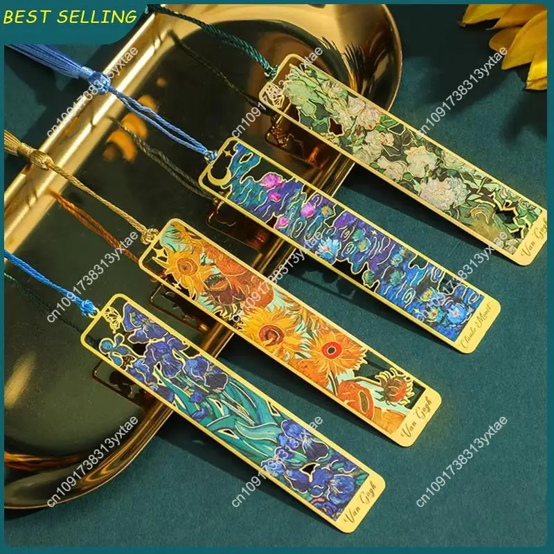 N09R-Painted Metal Bookmarks Hollow Gold Printed Bookmarks Stationery Gift Withtassels
